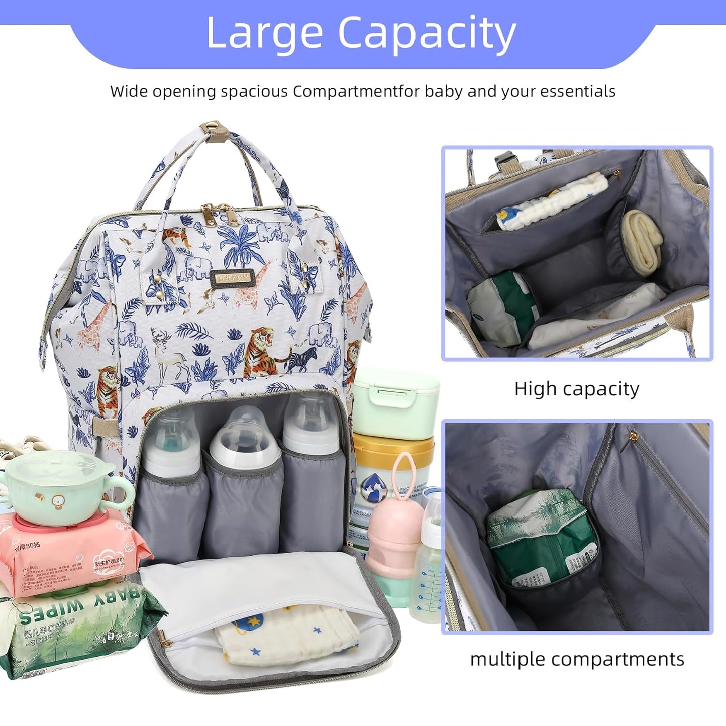 Diaper Bag Backpack, Diaper Bags for Baby Girls Boys, Baby Bags for Moms Dads, Nappy Changing Bag with Insulated Pockets,Multi-functional Waterproof Backpack with Stroller straps-Animal World White