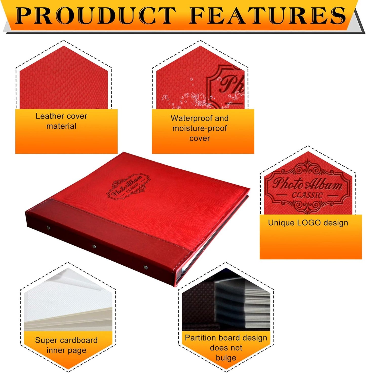 Photo Album Holds 3X5, 4X6, 5X7, 6X8, 8X10 Photos, Leather Cover, Magnetic Self-Stick Page, Hand Made DIY Albums (Red, Large)