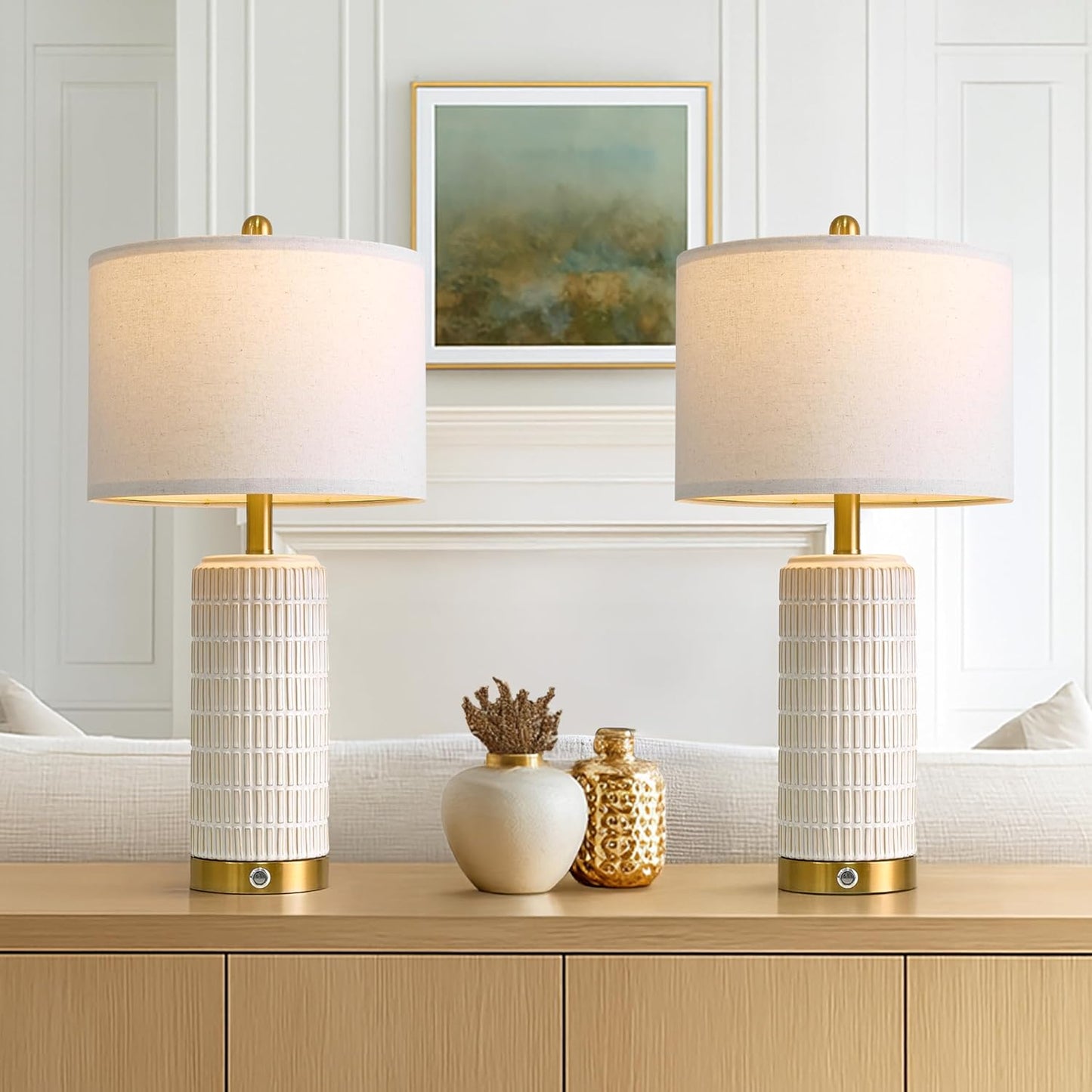 PoKat Touch Bedside Table Lamps with USB Ports for Bedroom, 25'' Dimmable Nightstand Touch Lamps for Living Room, Modern Ceramic Lamps for Night Stands Bedroom, Office, Nursery, White and Beige