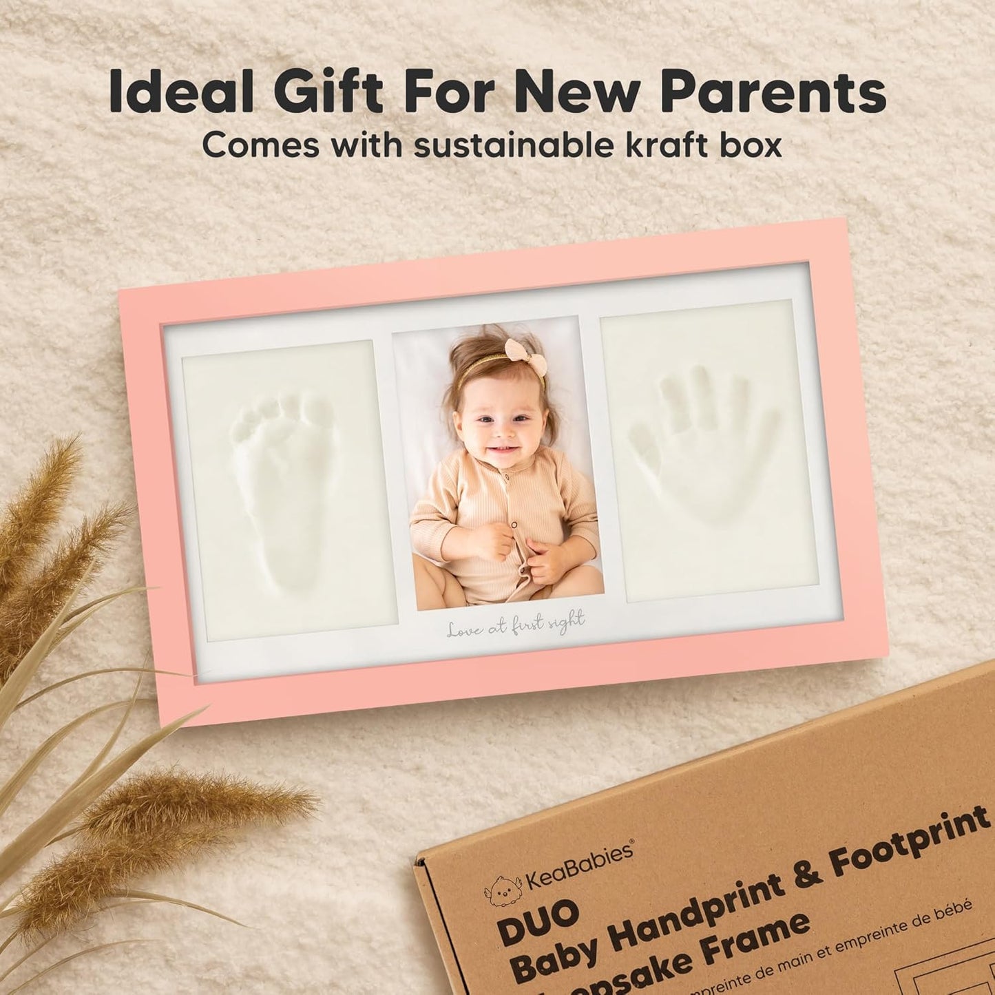 Baby Hand and Footprint Kit - Clay Handprint Keepsake Frame, Newborn Nursery Picture Frame, Personalized New Mom Gifts for Baby Shower & Registry (Sweet Pink)