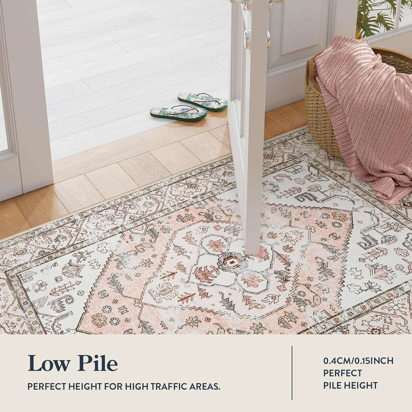 Lahome Boho Washable Living Room Area Rug - 3x5 Small Pink Rugs for Bedroom Non-Slip Throw Nursery Kids Room Rug, Vintagel Print Carpet Rug for Kitchen Office Bathroom Laundry Room (Pink, 3'x5')