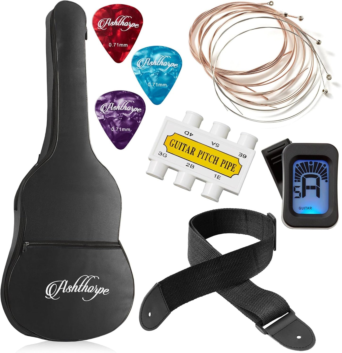 Ashthorpe 38-inch Beginner Acoustic Guitar Package (Brown), Basic Starter Kit w/Gig Bag, Strings, Strap, Tuner, Pitch Pipe, Picks