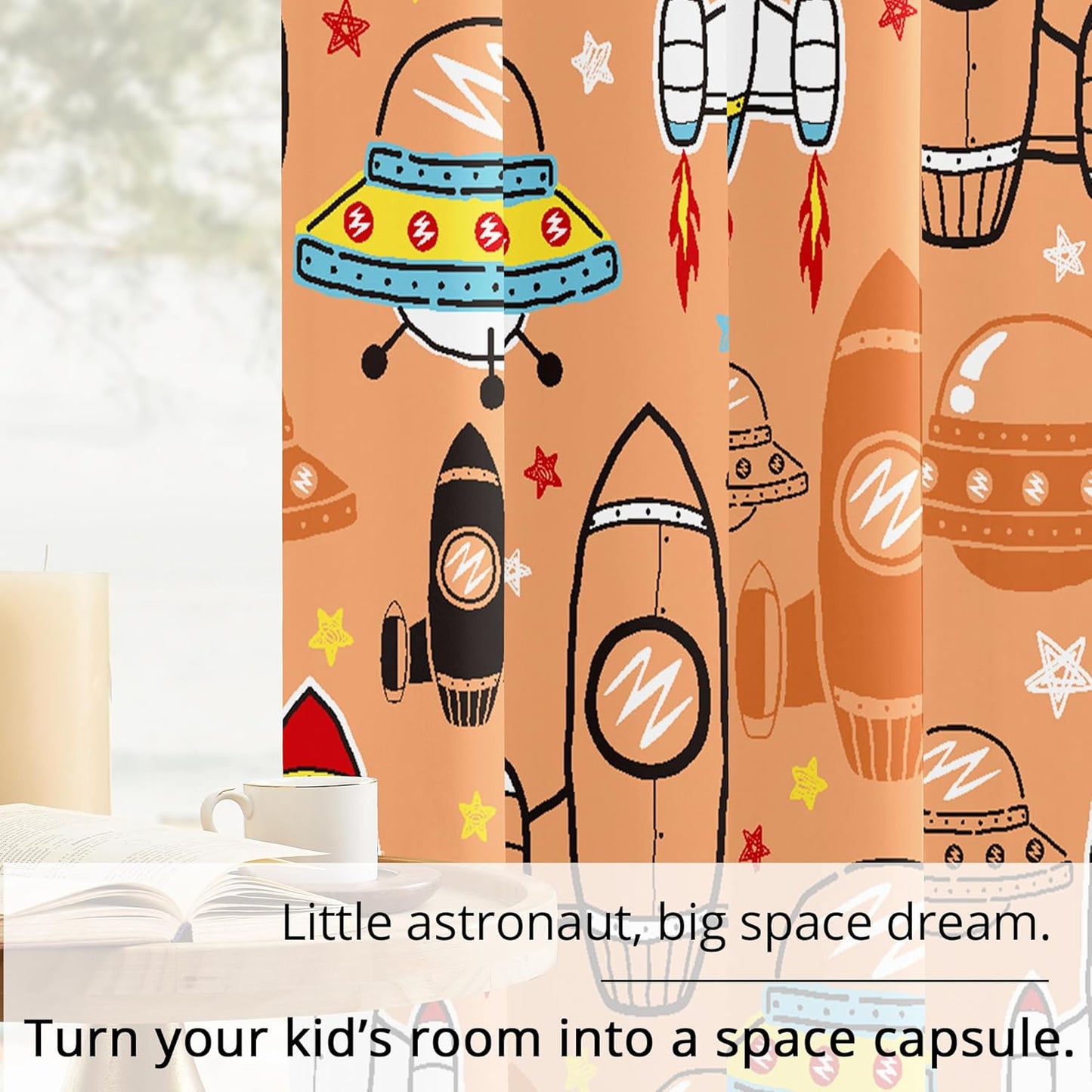 Kids Space UFO Rocket Blackout Curtains - 100% Blackout, Thermal Insulated, Noise Reducing, Perfect for Kids Room and Nursery, 2 Panels (Sunny Space Parade, W52×L84)
