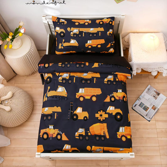 NTBED 4 Pieces Construction Toddler Bedding Set for Baby Boys, Truck Vehicles Excavator Cars Printed, Includes Comforter, Flat Sheet, Fitted Sheet and Pillowcase,Black