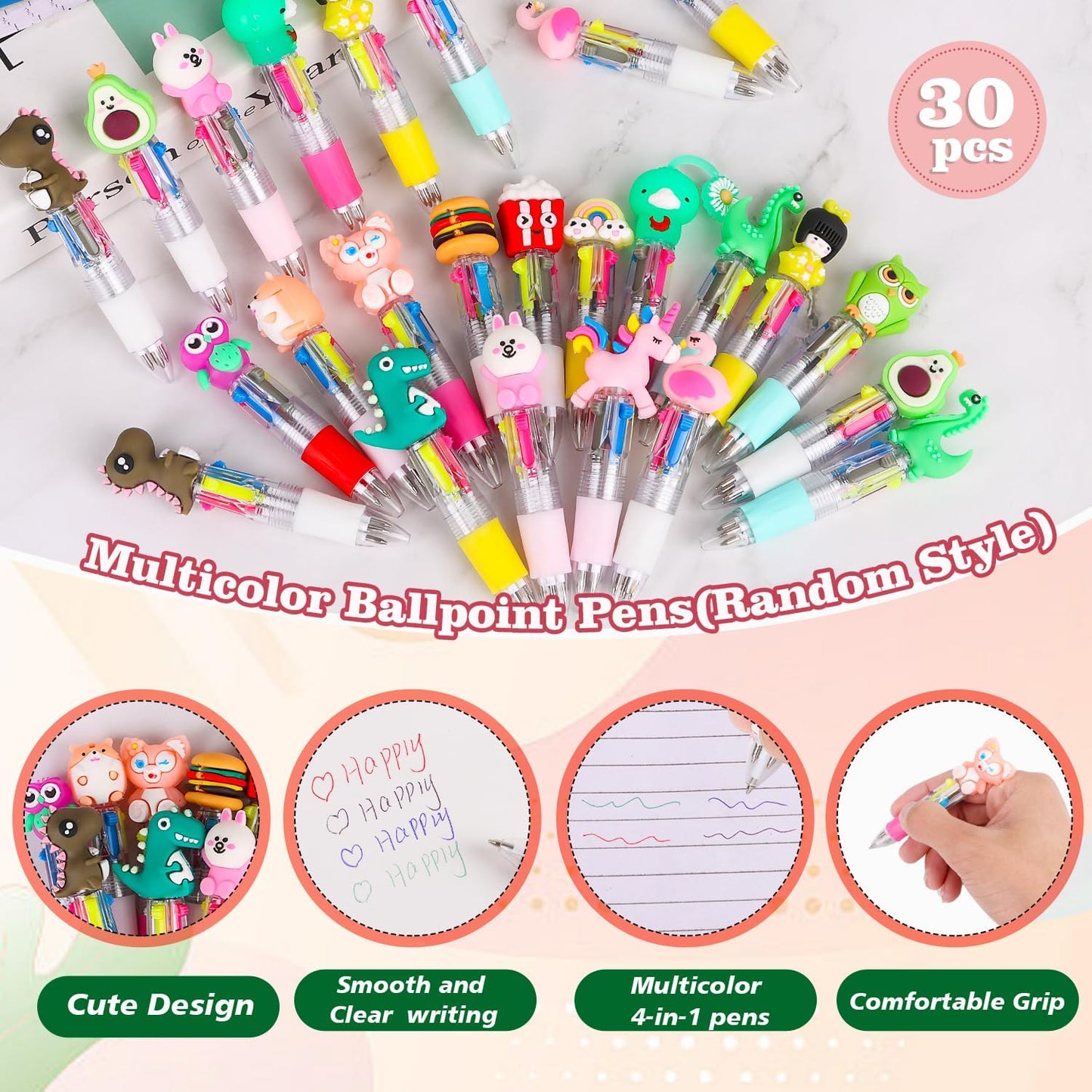 LOKIPA 30 PCS Multicolor Pen in One - 4-in-1 Cute Pens for Kids Mini Ballpoint Pens for Kids Birthday Gifts Classroom Prizes（Random Style）
