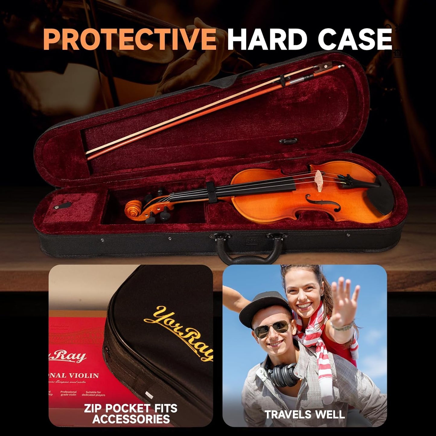 Violin 4/4 Full Size Kit for Adults Beginner, Violin Fiddle Set for Student with Rosewood Bow, Extra Strings&Bridge, 2 rosins, Tuner, Fingerboard Stickers, Shoulder Rest, Case (Plywood)