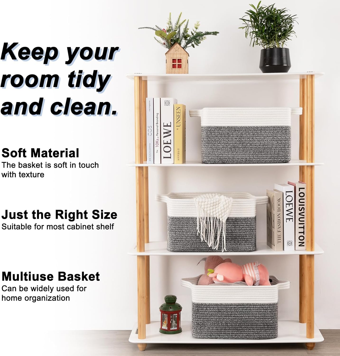 OIAHOMY 3 Pack Storage Basket for Organizing, 13''X9.85''X8.7'' Woven Storage Bins with Handles, toy organizers,Stylish Room Decor, Black variegated