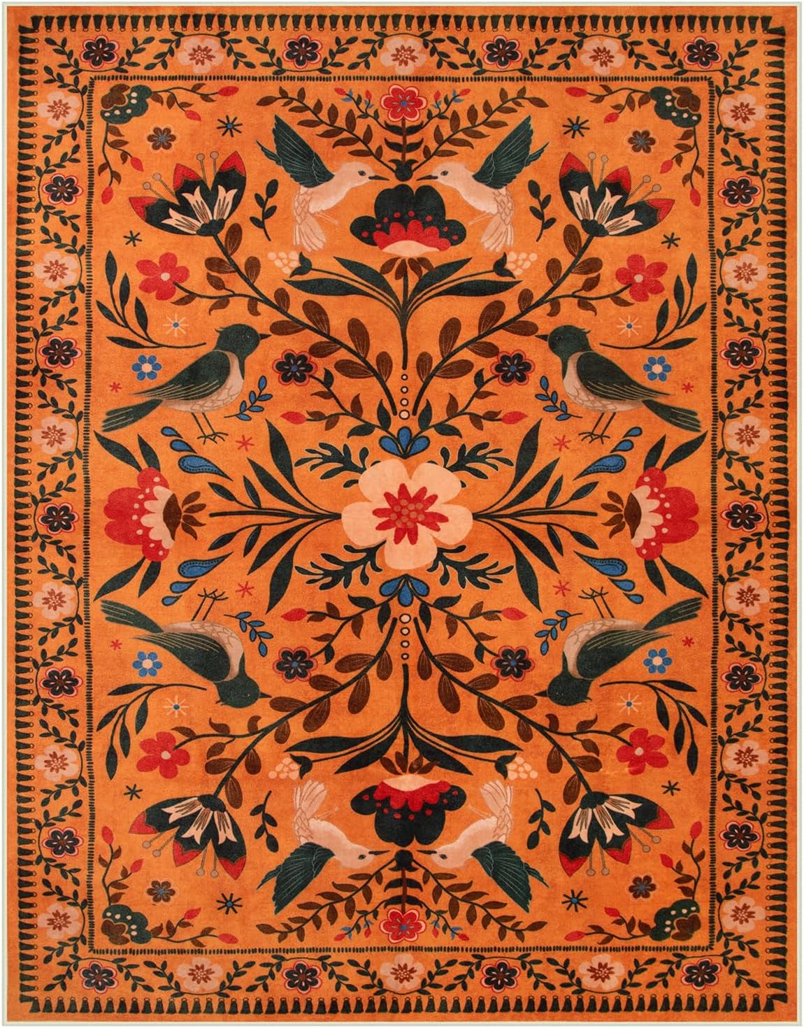 Moynesa Washable Rugs 8x10, Ultra Thin Boho Bird Living Room Area Rug Stain Resistance, Indoor Soft Orange Floral Large Easy Clean Carpet for Bedroom Dining Room Under Table Kid Playroom