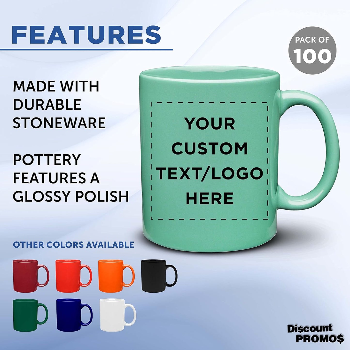 Custom Ceramic Coffee Mugs 11 oz. Set of 100, Personalized Bulk Pack - Coffee cup set, Iced coffee cup, Gaming mug - Teal