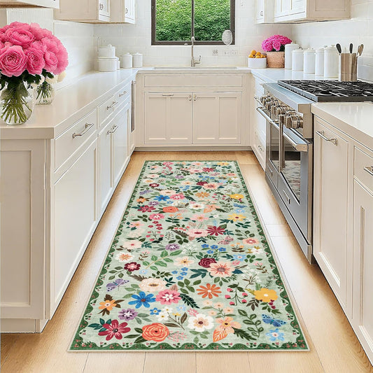 Runner Rug for Entryway: 2x6 Kitchen Rugs Non Slip Washable Ultra-Thin Soft Floral Carpet Indoor Floor Stain Resistant Carpets for Hallway Bedroom Kitchen Laundry Bathroom Dorm Green