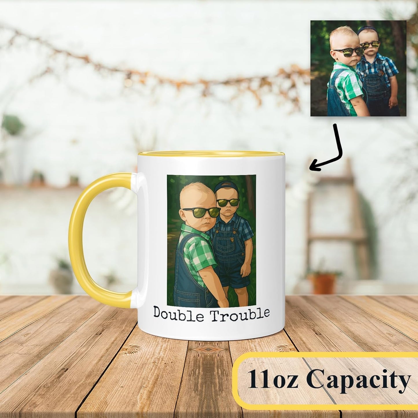 Personalized Coffee Mug, Custom Drawing Portrait Gift, Funny Customized Coffee Gift for Men & Women, Custom Mugs with Pictures, Yellow 11oz Customized Ceramic Tea Cup