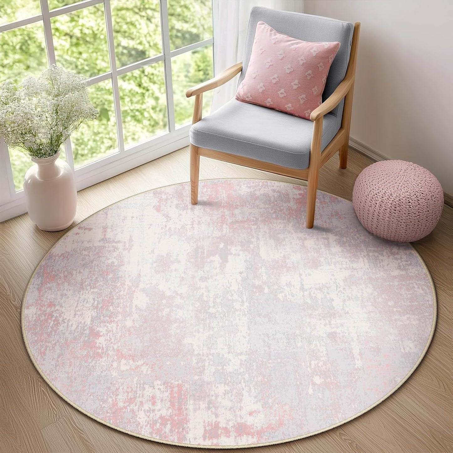Washable Area Rugs 6ft Non-Slip Modern Abstract Soft for Living Room Entryway Bedroom Nursery, Print Pattern, Grey Pink