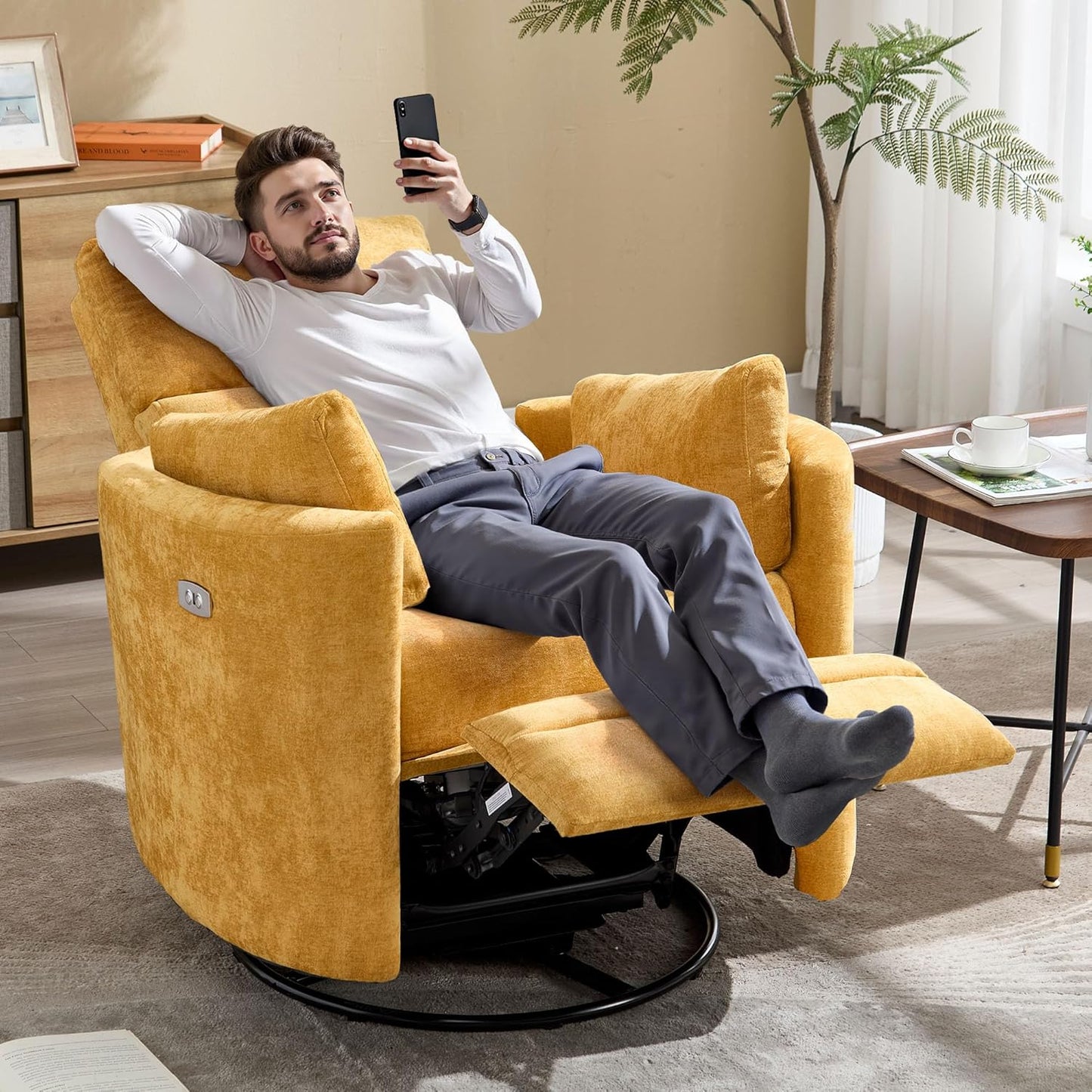 Recliner Swivel Glider Electric Rocking Chair with USB Port,Multifunction Power Recliner Living Room Bedroom with Upholstered Nursery Chair Adult Rocking Chair with 2 Pillows (Yellow, Power-Driven)