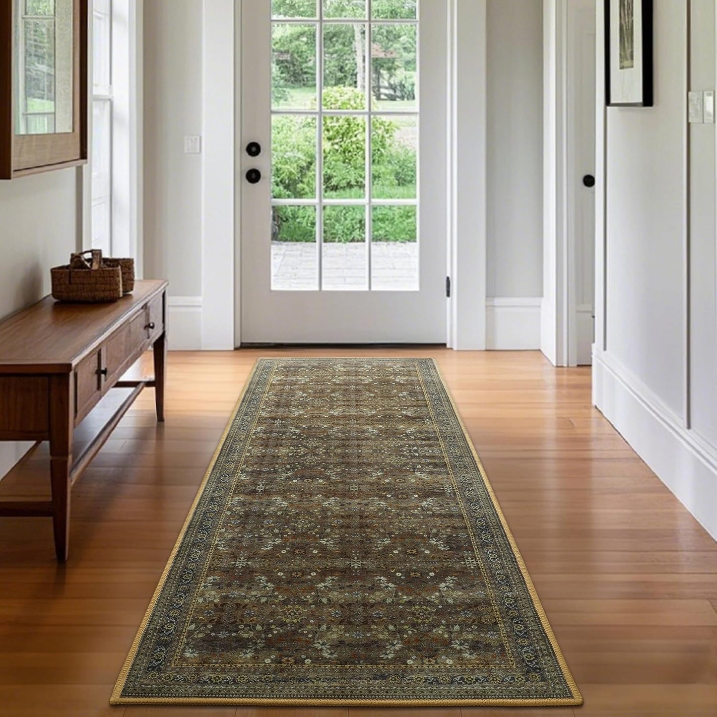 2x6 Washable Kitchen Runner Rug for Hallways, Non Slip Laundry Runners for Bathroom, Low Pile Rubber Backed Rugs for Entryway, Vintage Floral Carpet for Living Room Bedroom Brown/Yellow