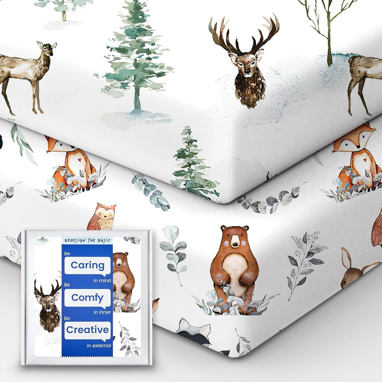 Crib Sheet Netural, Premium Soft Jersey Knit Fitted Crib Sheet, Crib Mattress Sheet, 28''x52''x9'' Extra Deep Pocket (Deer & Bear)