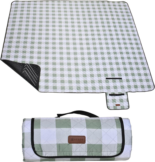 HX&OD Outdoor Picnic Blanket, Extra Large, 80''x80'' Waterproof Foldable Blankets Gingham Picnic Mat for Beach, Camping Grass Lawn Park Accessories Cute Couple Ideas Wedding (Green, 80”x80”)