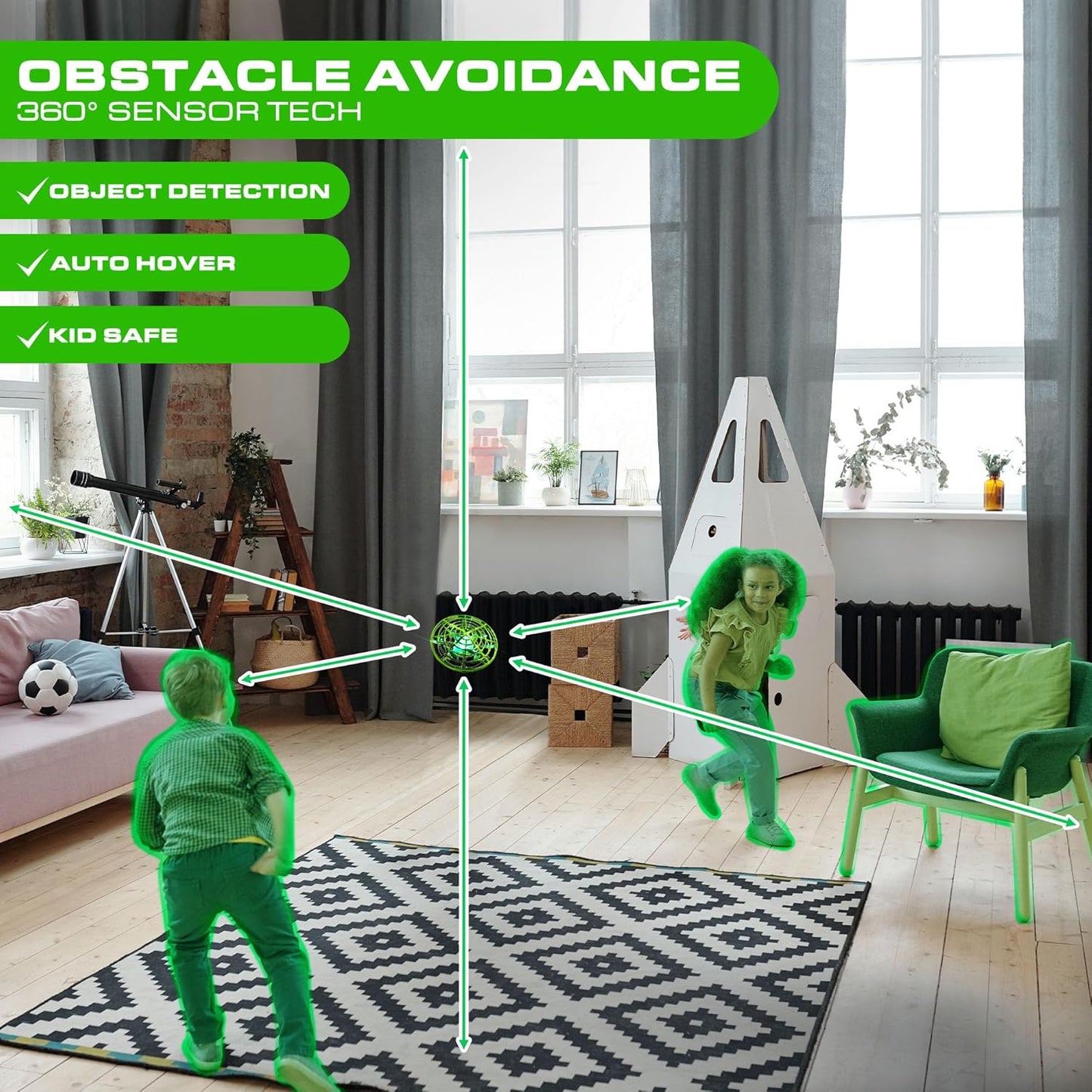 Force1 Scoot Hand Operated Drone for Kids or Adults - Hands Free Motion Sensor Mini Drones, Easy LED Indoor Rechargeable Flying Ball Drone Toy for Boys and Girls (Green)