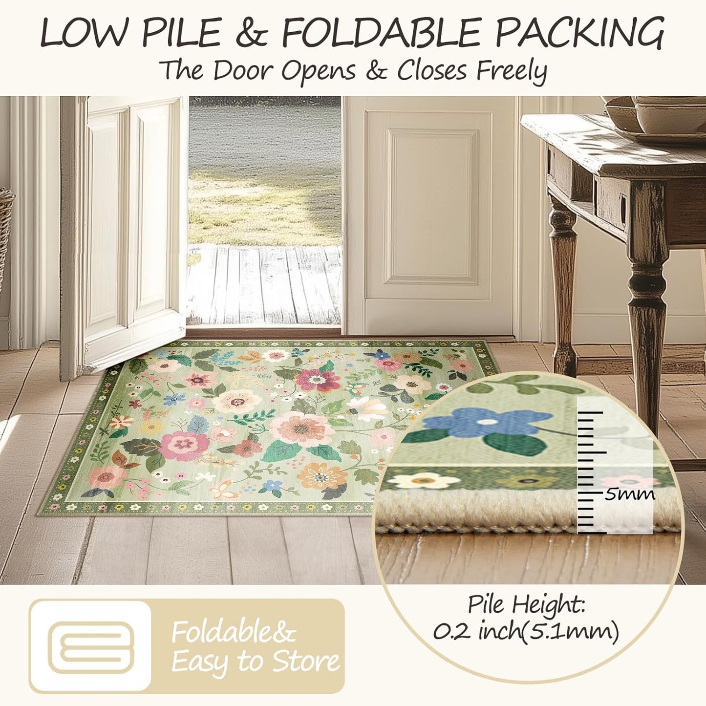 Floral 4x6 Area Rug Machine Washable Soft Print Boho Carpet Non Slip Doormat Low Pile Flower Area Rugs for Living Room Bedroom Nursery Kitchen Dining Room Indoor-Light Green