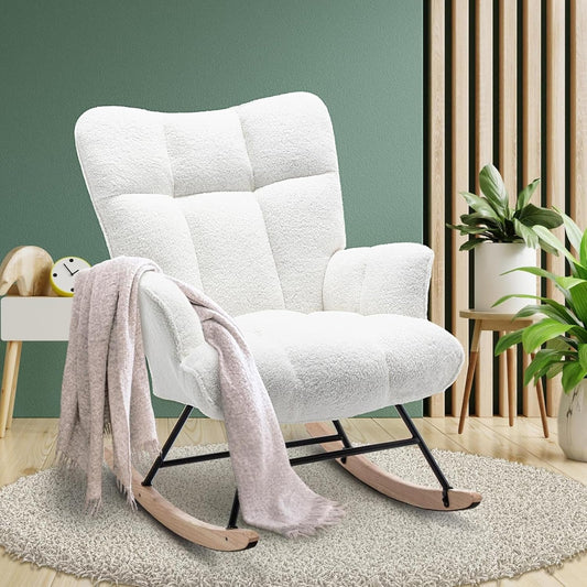 Rocking Chair Nursery Teddy Upholstered Glider Rocker Rocking Accent Chair Padded Seat with High Backrest Armchair Comfy Side Chair for Living Room Bedroom Offices (White Teddy)