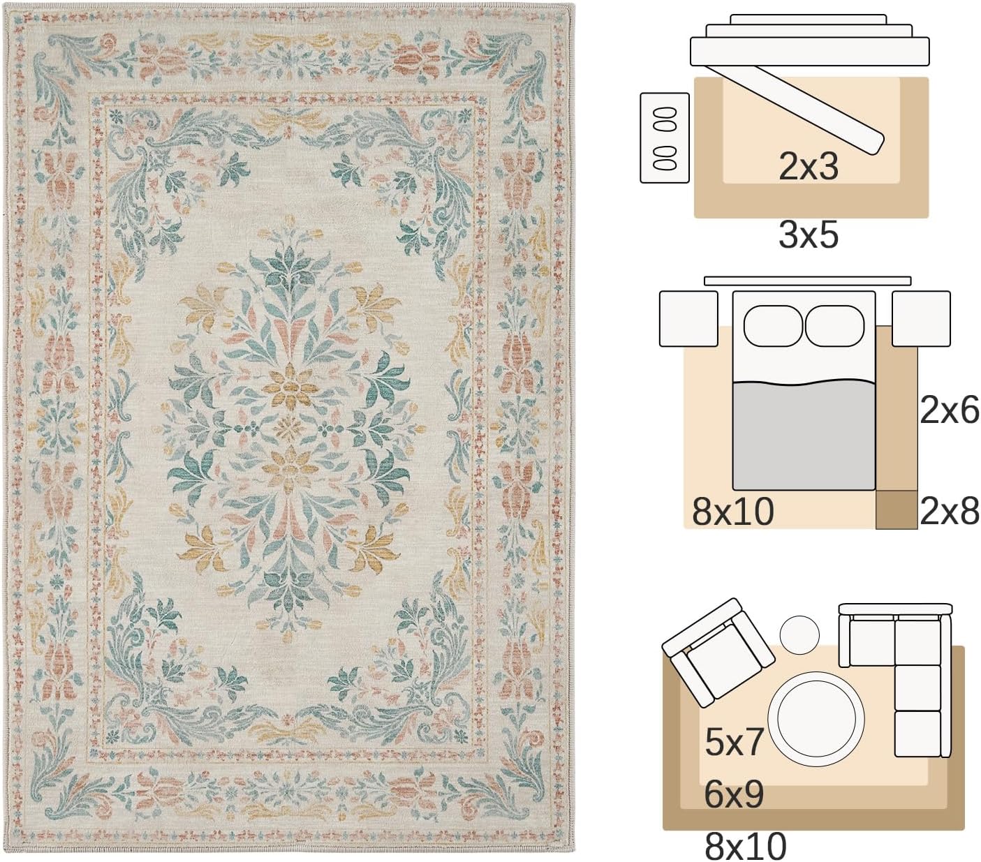jinchan Hallway Runner Rug 2x8 Vintage Floral Distressed Design - Machine Washable Non-Slip Low-Pile Soft Thin Faux Wool Kitchen Carpet for Farmhouse Bedroom Laundry Room(2x8ft,Apricot Multi)