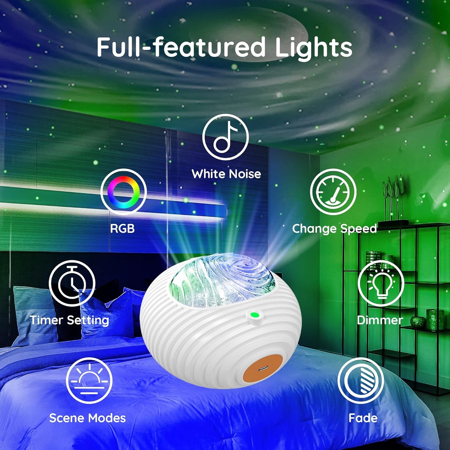 Lumoonosity Aurora Light Projector - Northern Lights Projector with 13 Colors, Aurora, Milky Way 2in1 Effect with Relaxing White Noises- Aurora Borealis Light Projector for Bedroom, Teens Room Decor