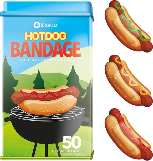 BioSwiss Bandages, Hot Dog Shaped Self Adhesive Bandage, Latex Free Sterile Wound Care, Fun First Aid Kit Supplies for Kids, 50 Count