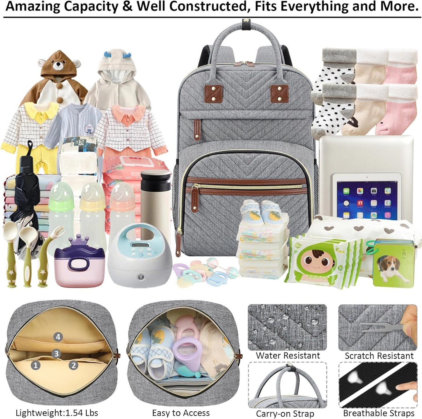 Diaper Bag Backpack Tote with Insulated Pockets for Men Baby Boys Girls Newborn Unisex Tactical Large Capacity, Multifunctional Waterproof Grey