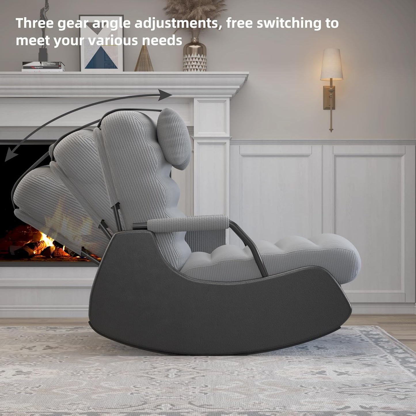 Polar Aurora Nursery Rocking Chairs with Soft Seat and Headrest,Corduroy Fabric Accent Chair with Side Pocket,Glider Rocking Chair for Bedroom/Living Room/Nursery(Dark Grey/Black)