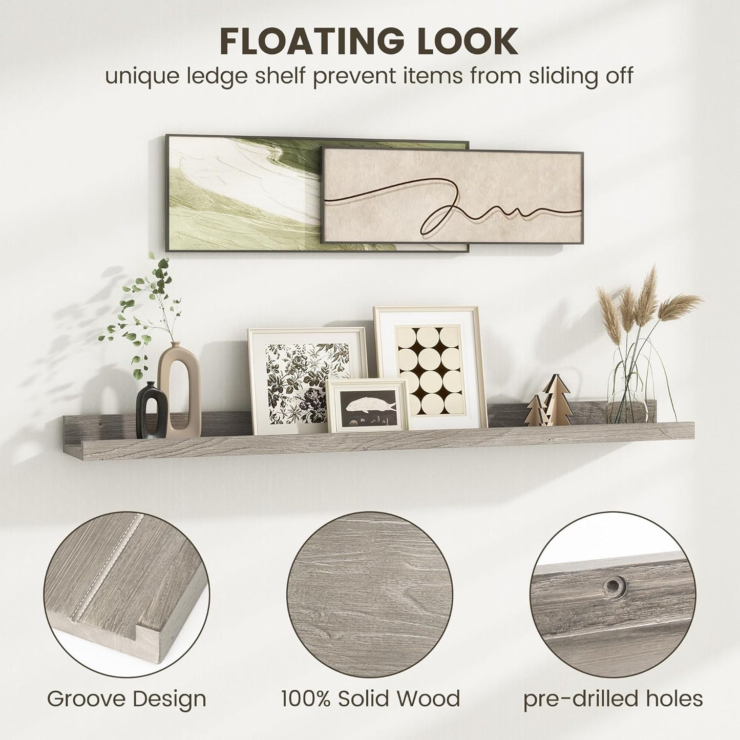 Picture Ledge Shelf, 48 Inch Long Floating Shelves for Wall, Nursery Bookshelf for Storage with Lip, Rustic Elm Wood Photo Ledge Shelves for Bedroom, Living Room, Kitchen (Grey, 48in Set of 2)