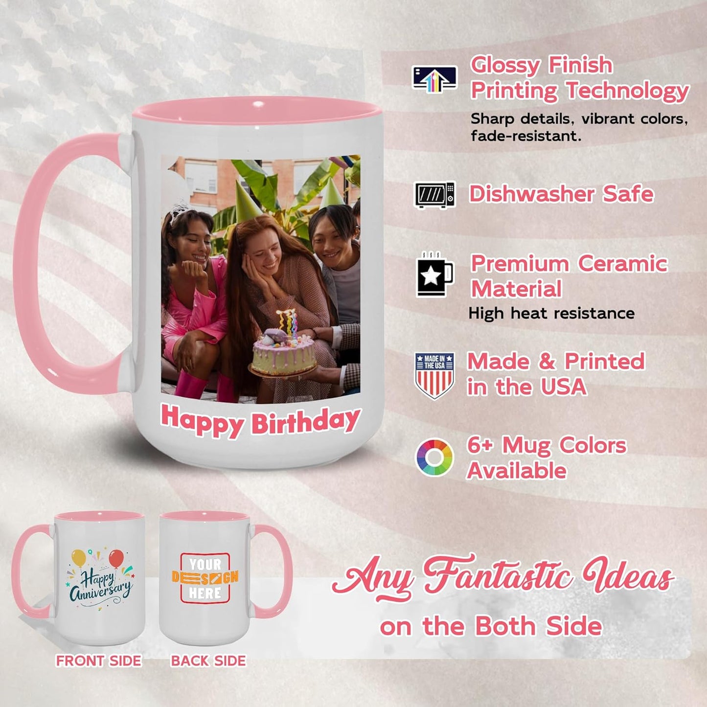 Custom Mug Upload Your Picture Personalized Coffee Mug with Photo Text Name Customized Cup Unique Ideas Gifts for Men Women Mom Dad Girlfriend Boyfriend Friend Family (Pink, 15oz)