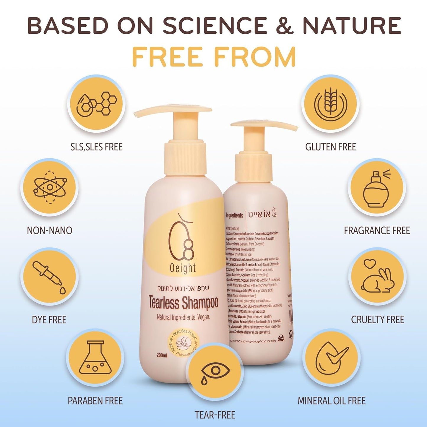 Oeight Tearless Baby Shampoo, Hypoallergenic & Dermatologically Tested Baby Shampoo, 100% Natural Active Ingredients with Chamomile, Parabens & SLS Free, Fragrance Free, for Sensitive Scalp, 200 ml