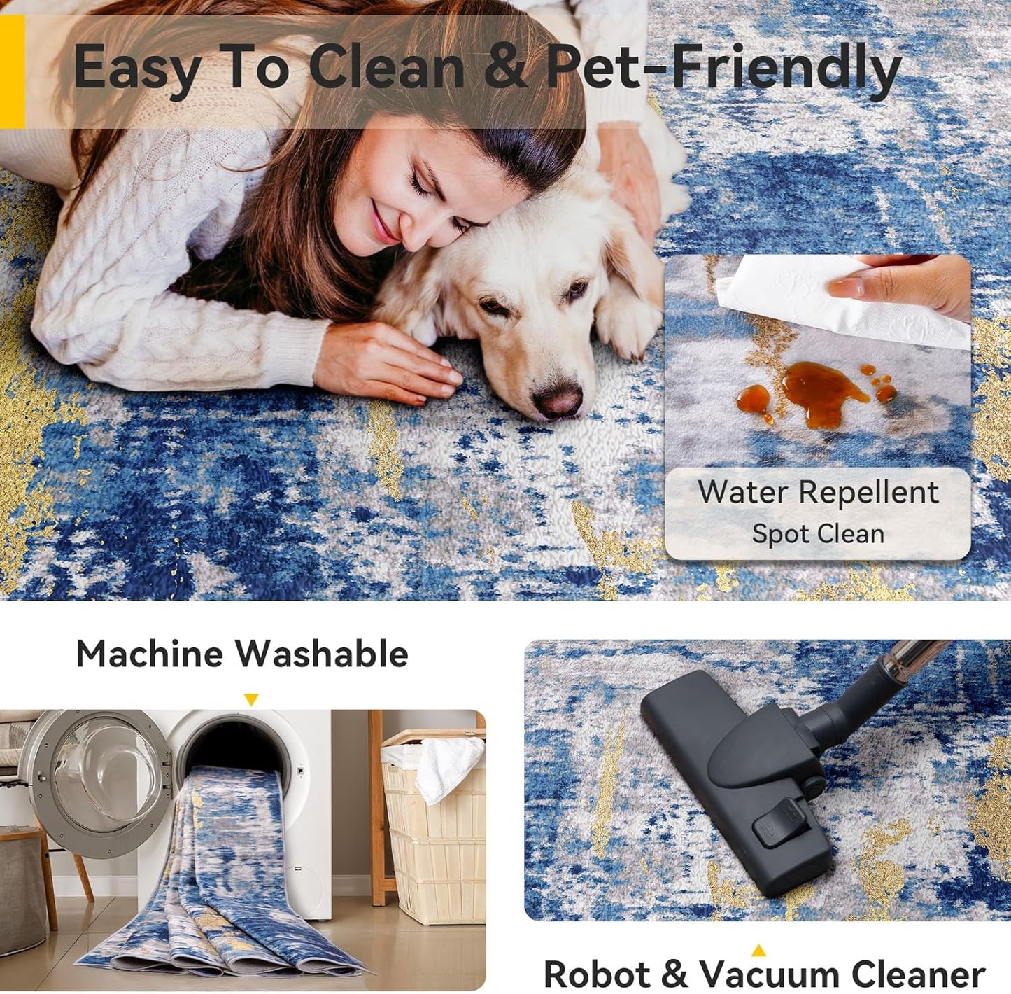 Washable Area Rugs 8'x10' Non-Slip Modern Abstract Soft for Living Room Entryway Bedroom Nursery, Print Pattern, Grey Blue Gold/Golden