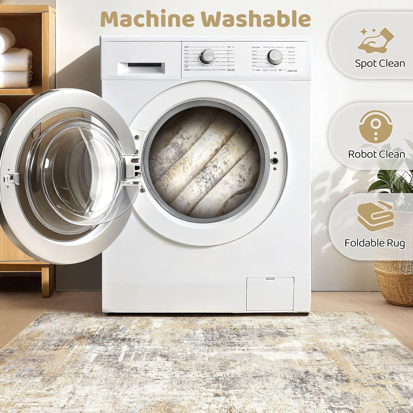 Round Rug Living Room Rugs: 5Ft Washable Circle Large Abstract Modern Soft Stain Resistant Non Slip Indoor Floor Carpet for Bedroom Nursery Office Dining Room Dorm Home House Decor- Gray Gold