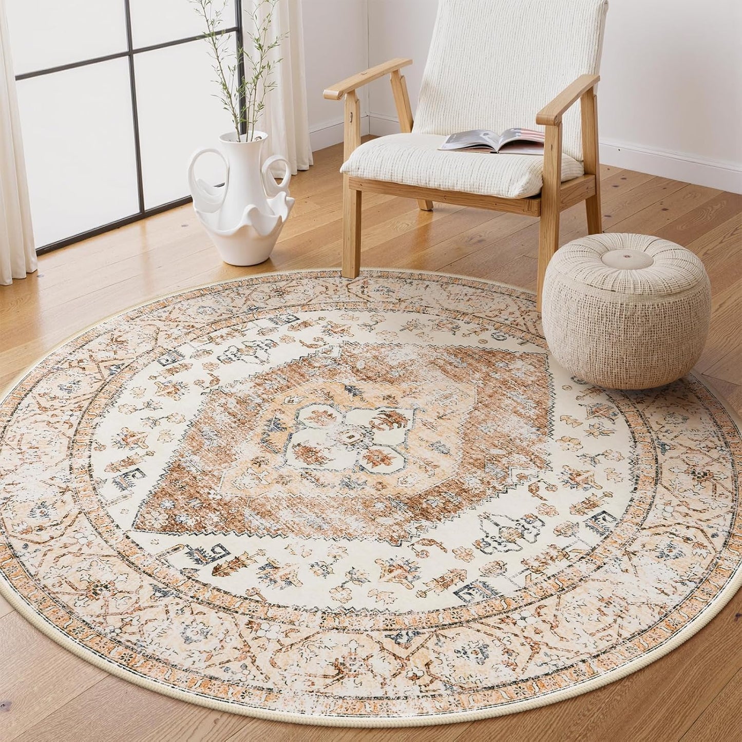 Lahome Boho Round Rugs - 4Ft Washable Non-Slip Small Round Area Rug Throw Lightweight Round Nursery Carpet Kids，Oriental Distressed Print Kitchen Mat for Bedroom Entryway Bathroom Living Room