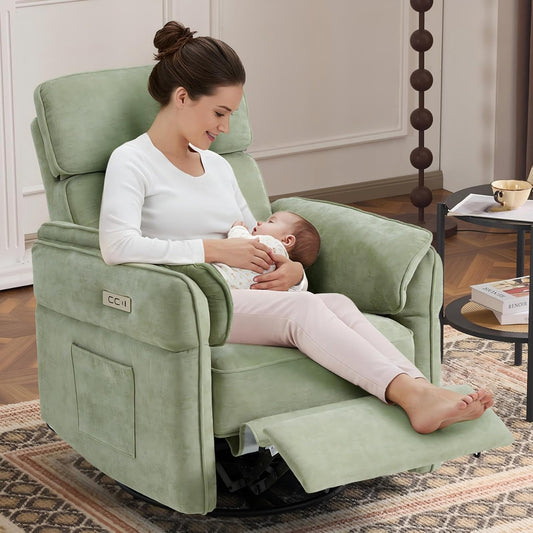 MELLCOM Power Recliner Rocking Chair Nursery Gliders with Adjustable Armrests and Headrest, Swivel Electric Glider Reclining Nursing Chair with USB Port and Storage Bags, FSC Certified(Fabric, Green)