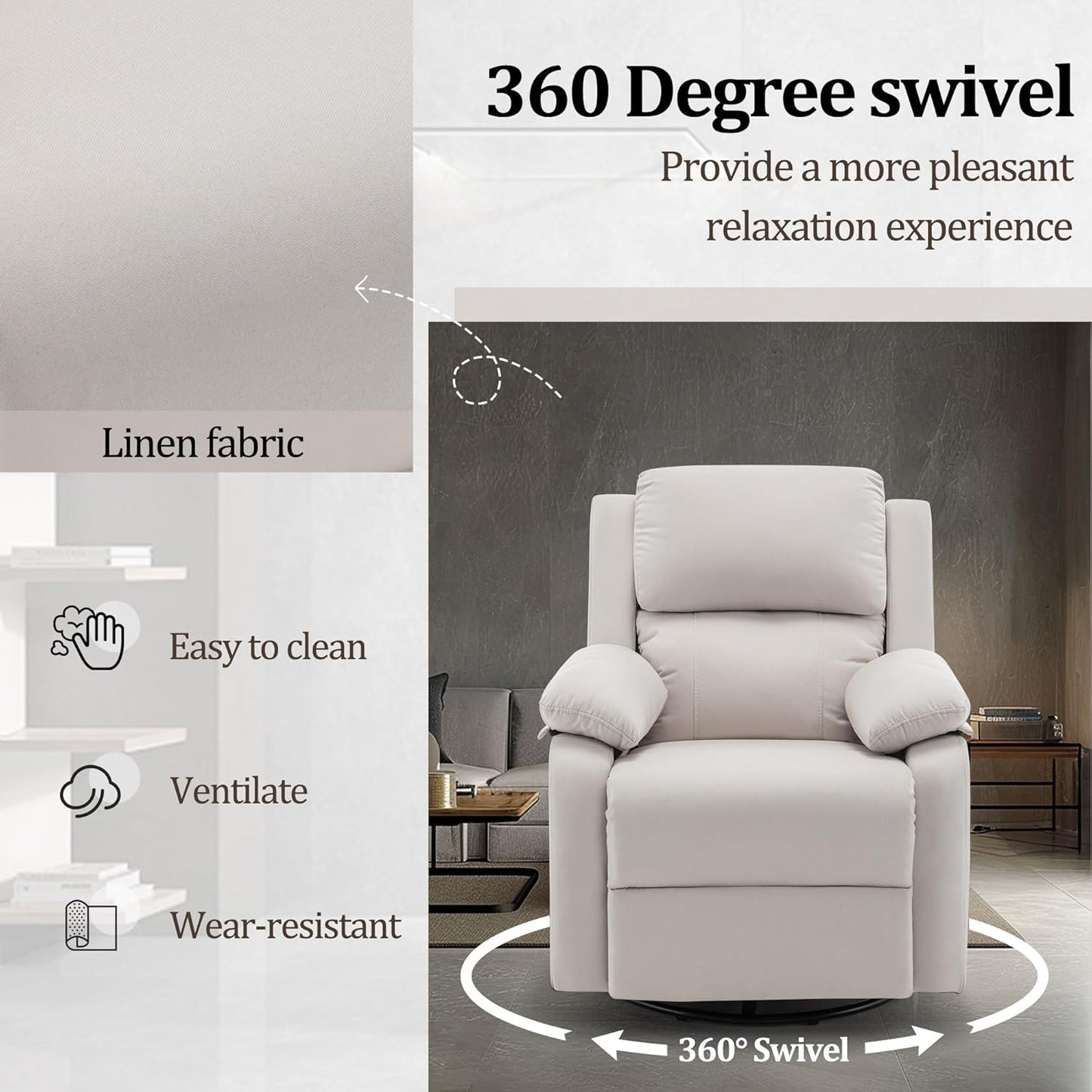 Recliner Chair, 360 Swivel Rocker Chair for Adults, Small Rocking Recliner Chair for Small Spaces, Upholstered Fabric Glider Recliner Nursery Chair with Side Pockets for Living Room, White
