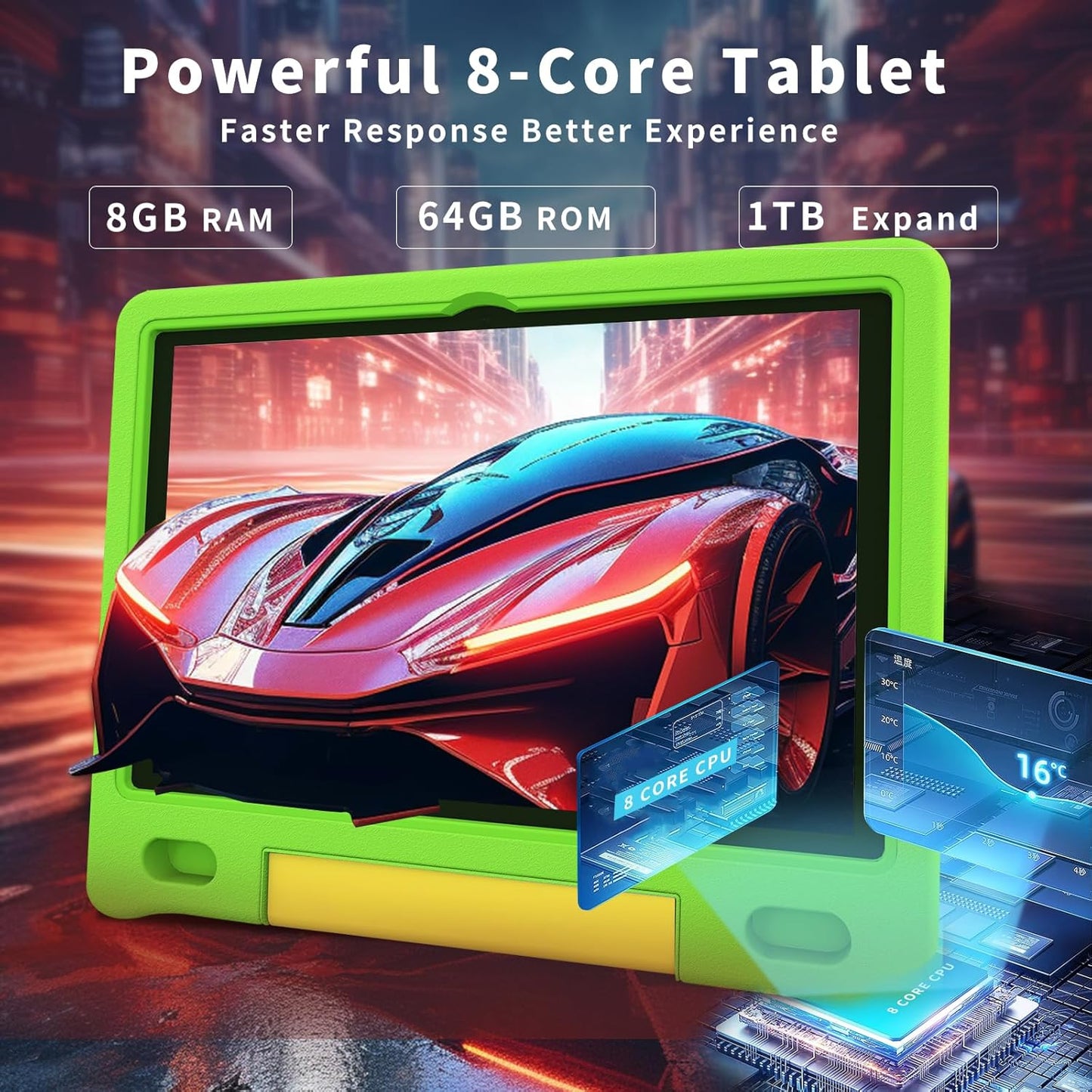 Kids Tablet with Strap, Android 14 Tablet for Kids 10 inch, Toddler Tablets Octa-Core 64GB 1TB Expandable, Children's Tablets with Case, Bluetooth WiFi Parental Control Dual