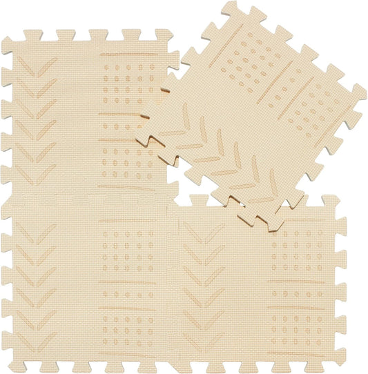 qqpp EVA 18 Tiles Baby Play Mat for Playing, Interlocking Foam Floor Mats for Tummy Time & Crawling, Puzzle Flooring Tiles with Laser Pattern for Kids. Beige. QL-91(J) b18N