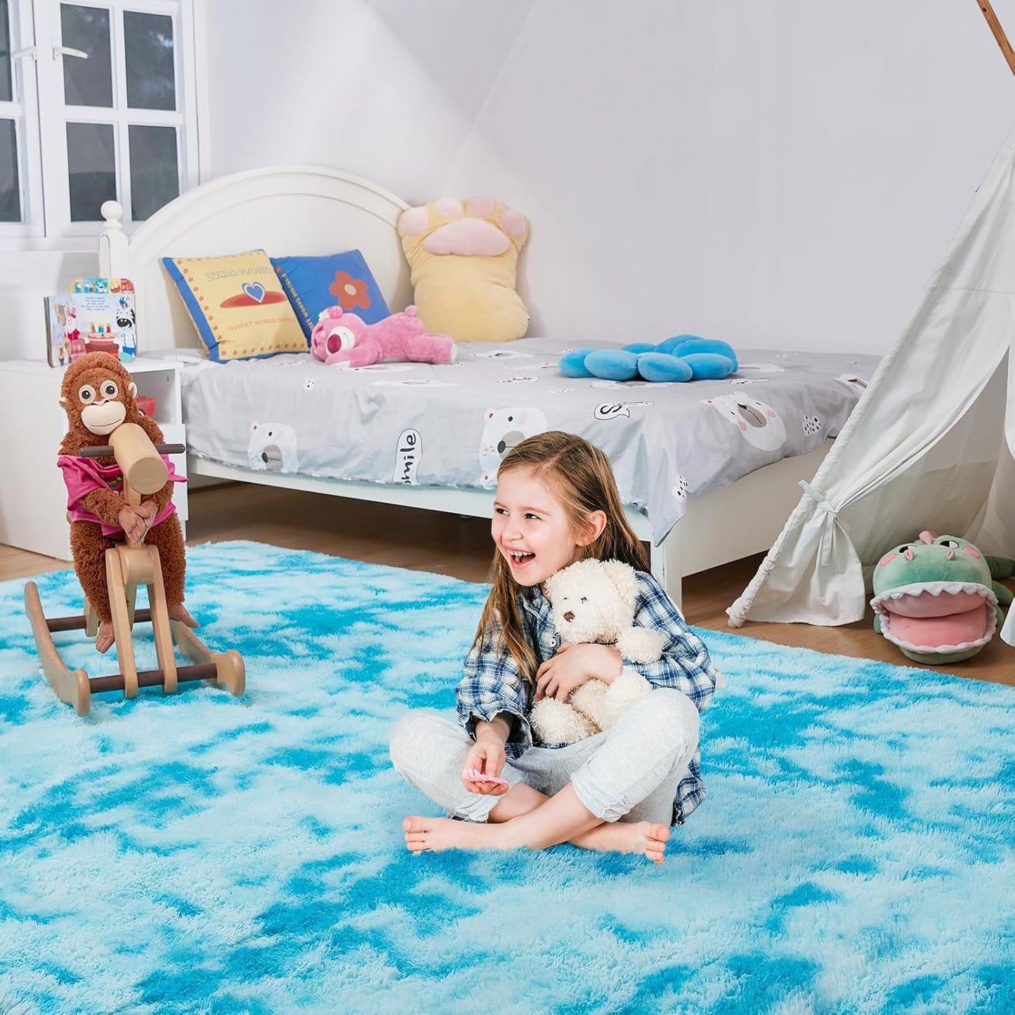 Ultra Soft Rug for Living Room, 6X9 Fluffy Shag Area Rug for Bedroom, Modern Shaggy Carpet Fuzzy Rug for Teens Dorm Nursery Home Decor Aesthetic, Upgrade Anti-Skid Durable, Tie-Dyed Blue