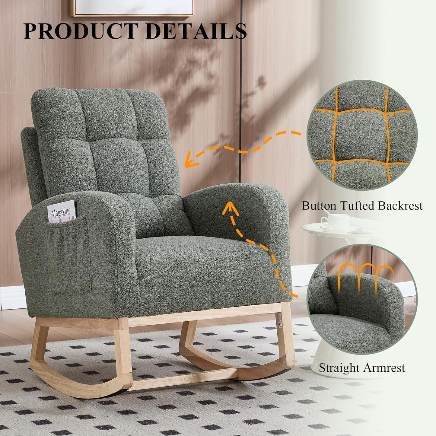 NIOIIKIT Nursery Rocking Chair, Teddy Upholstered Glider Chair with Side Pocket, Glider Rocker Chair with Tufted Back, Comfy Accent Nursing Chair for Living Room (Olive Green Retro)