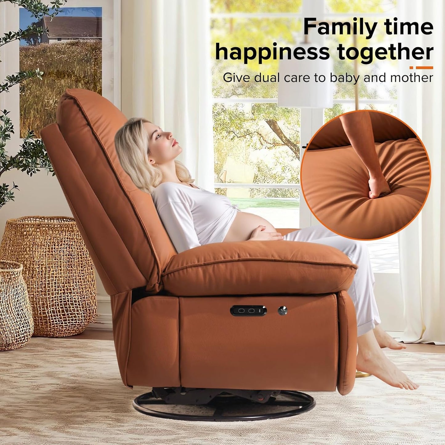 Rocking Chair Nursery with Power Adjustable, Electric Glider Recliner Nursing Chair for Breastfeeding with USB Port and Storage (Orange)