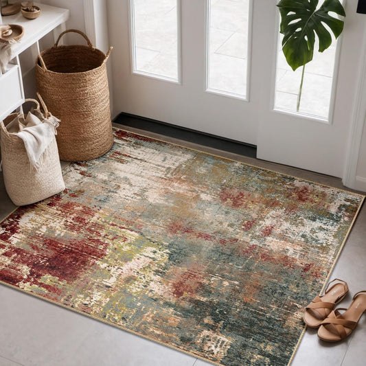 Washable Area Rugs 2'x3' Non-Slip Modern Abstract Soft for Living Room Entryway Bedroom Nursery, Print Pattern, Brown Rust Red Multi
