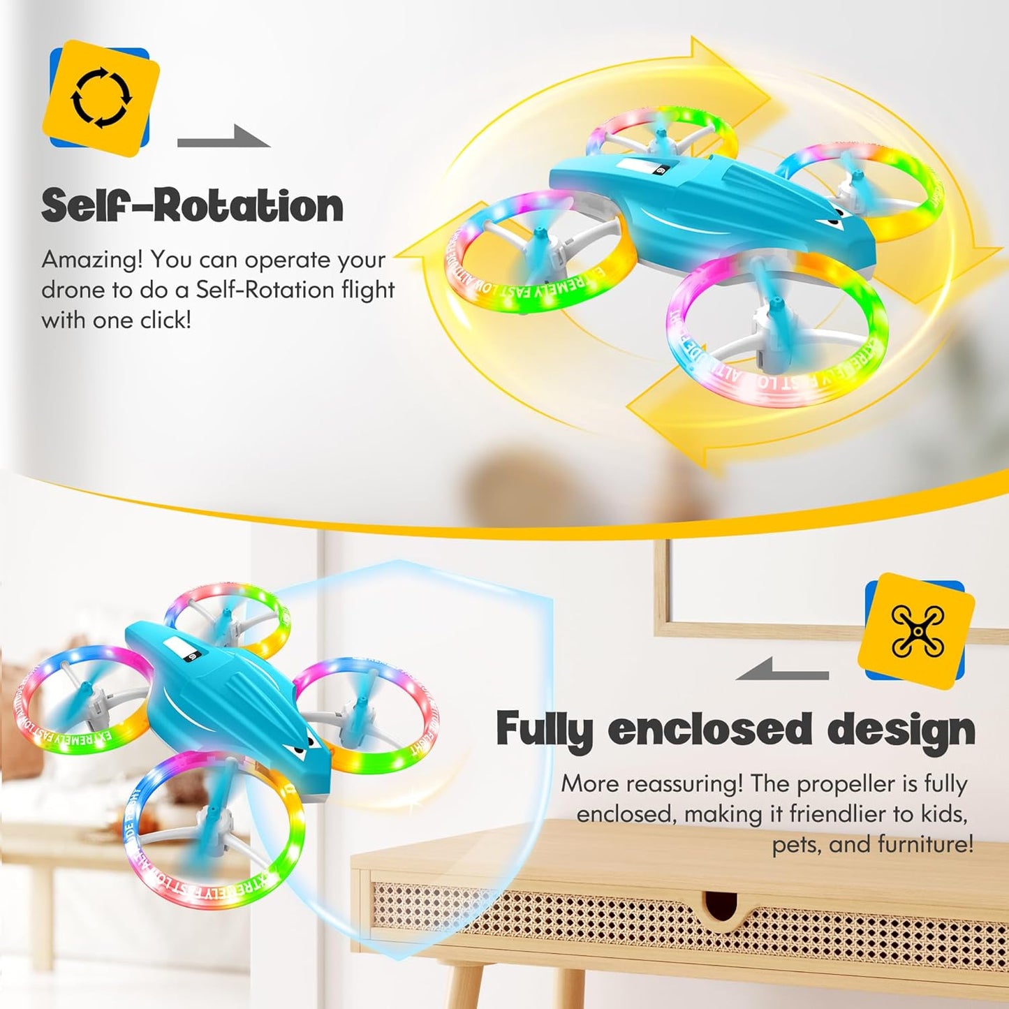 Drones for Kids With Cool Light, Kids Drone with 3D Flip, Altitude-Hold, Self-Rotation, Headless Mode, 3 Speed Modes, One-Click Take-off/Landing, Mini Drone for Beginners, Indoor（Light Blue）