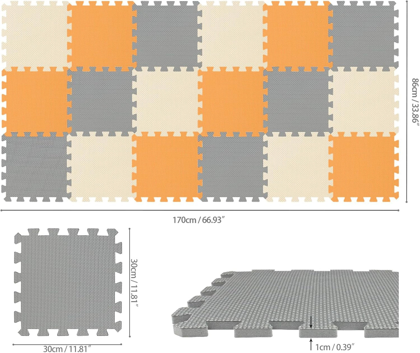 qqpp EVA Rubber 18 Tiles Interlocking Puzzle Foam Floor Mats - Baby Play Mat for Playing | Exercise Mat for Home Workout. Orange, Beige, Gray. QC-BJLb18N