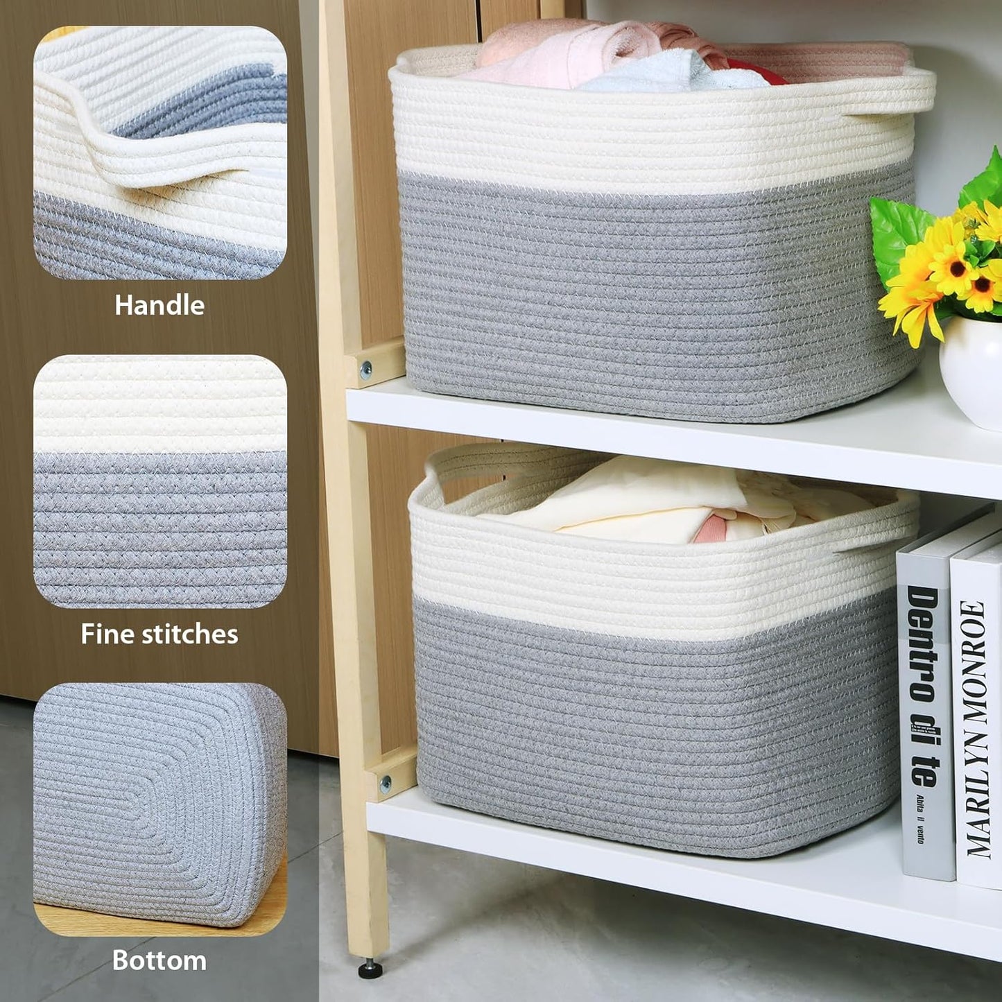 Kntiwiwo Storage Baskets for Organizing 14.7”x11”x9.6” Rope Storage Baskets for Shelves with Handles, Decorative Closet Baskets & Bins, Large Woven Baskets for Storage, White & Grey