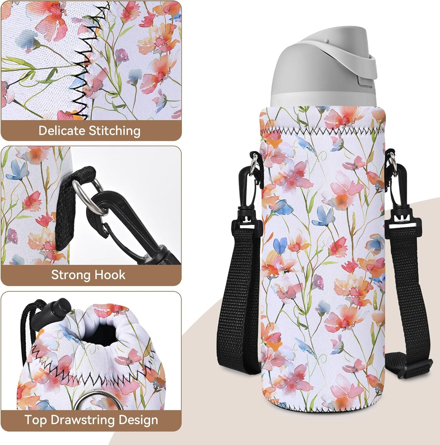 RICHEN Neoprene Water Bottle Carrier Bag with Adjustable Shoulder Strap,Insulated Water Bottle Cover for Stainless Steel/Glass/Plastic Bottles