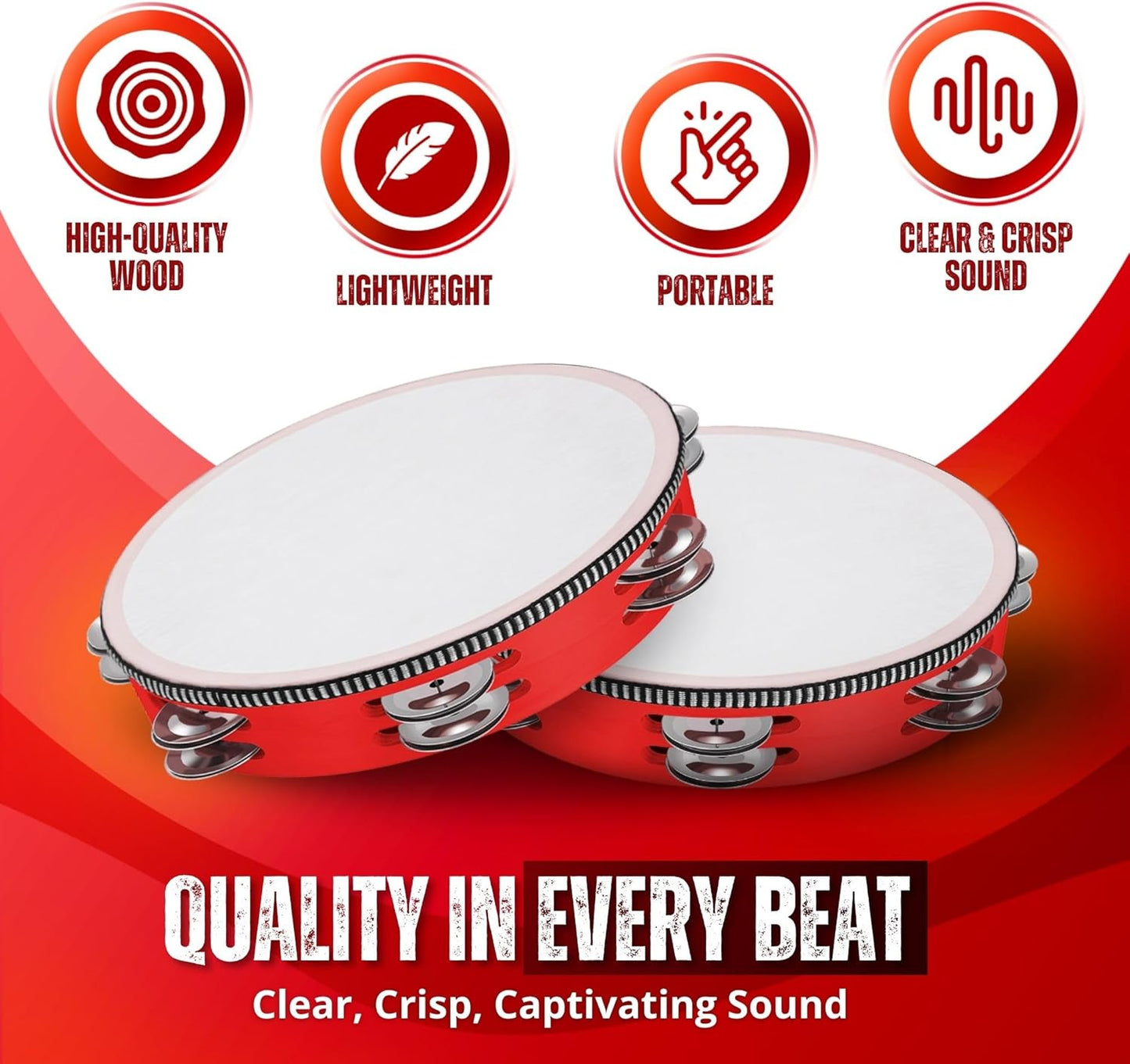 Flexzion Wood Handheld Tambourine Adults 8-Inch Double Row 8-Pair Jingles (Red) - Percussion Round Tamborines Musical Instrument with Metal Zills