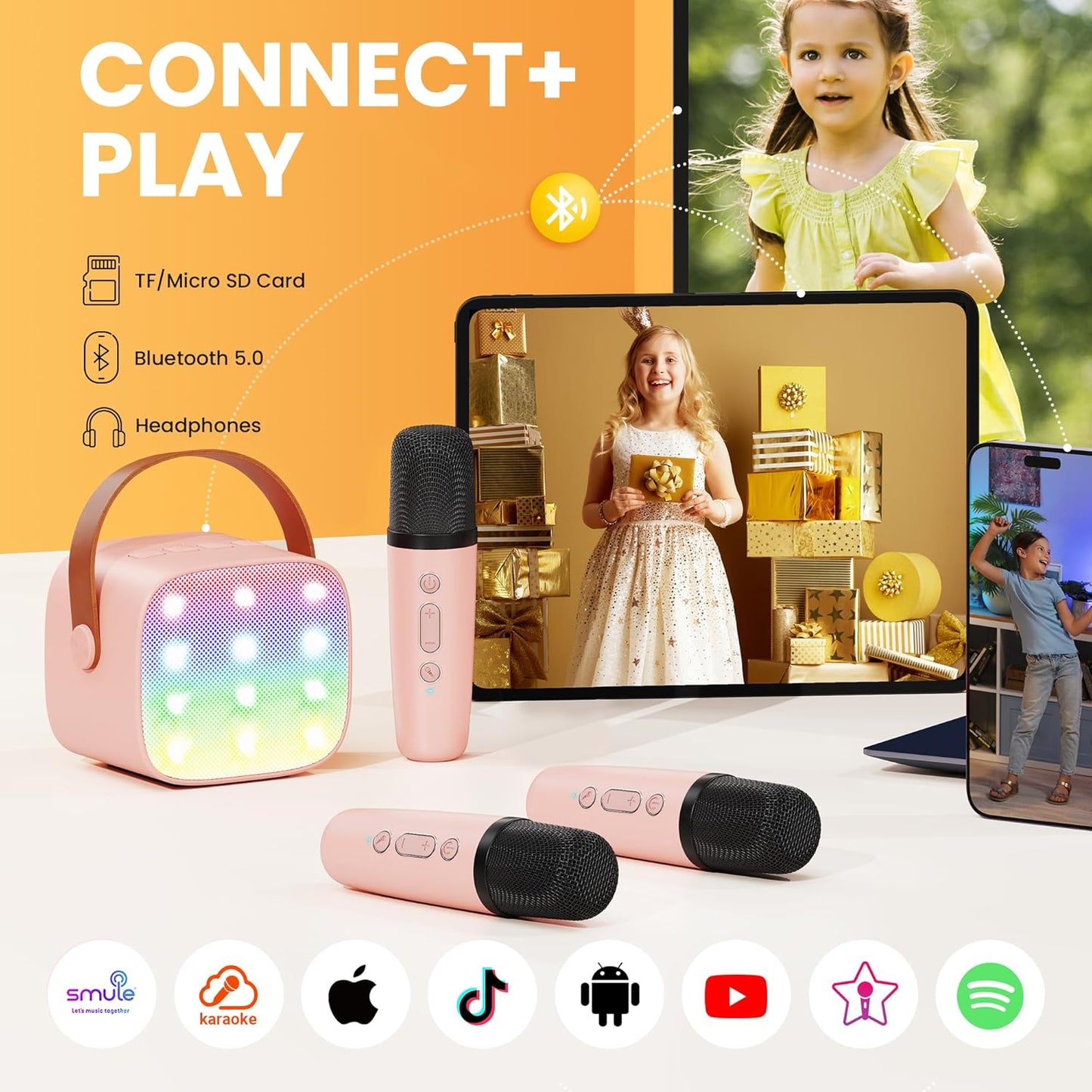 YLL Mini Karaoke Machine for Kids Adults: Portable Loud Speaker with 3 Wireless Microphones -Most Popular Birthday Party Gifts for Girls Boys 3, 4, 5, 6, 7, 8, 9, 10+ Year Old Toys Party (Pink-3 Mics)