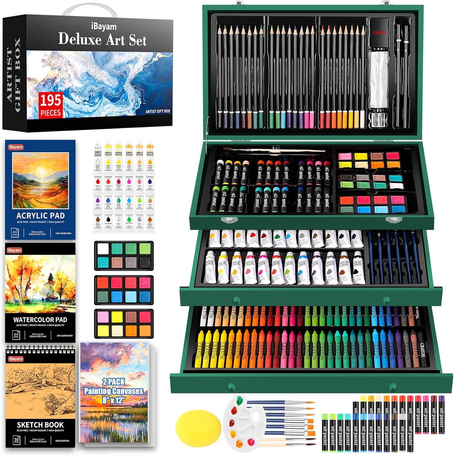 iBayam Art Kit for Kids Teens Teenage Adult, 195-Pack Drawing Coloring Sketching Art Supplies Set for Cards Rocks Eggs Canvas Ceramic Wood Anime, with Canvases, Sketchbooks, Watercolor & Acrylic Pads