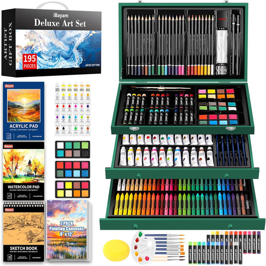 iBayam Art Kit for Kids Teens Teenage Adult, 195-Pack Drawing Coloring Sketching Art Supplies Set for Cards Rocks Eggs Canvas Ceramic Wood Anime, with Canvases, Sketchbooks, Watercolor & Acrylic Pads